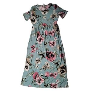 Vtg Now N Forever Maxi Dress XL Floral Design Pockets Elastic Waist Short Sleeve